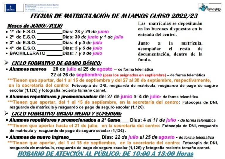 Calendario de matriculación 2022-23
